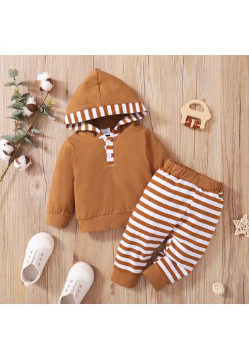 2-piece Baby Girl/Boy Striped Button Design Hoodie Sweatshirt and Pants Set