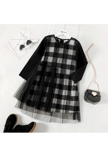 Kid Girl Round-collar Plaid Mesh Design Long-sleeve Dress