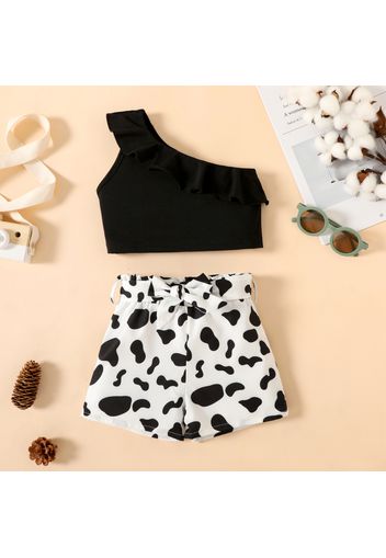 2-piece Toddler Girl Ruffled One Shoulder Top and Cow Print Belted Shorts Set