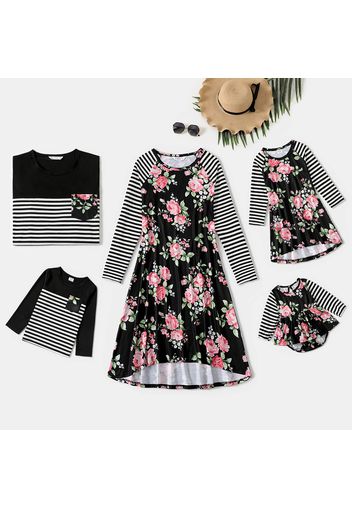 Floral and Stripe Print Splice Family Matching Black Sets