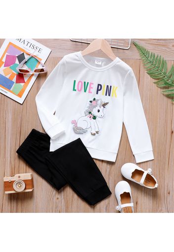 2pcs Kid Girl Letter Print Unicorn Embroidered Sequin Long-sleeve White Tee and Elasticized Black Pants Set