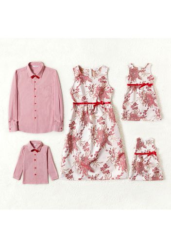 Family Matching 100% Cotton Pink Jacquard Sleeveless Party Dresses and Solid Shirts Sets