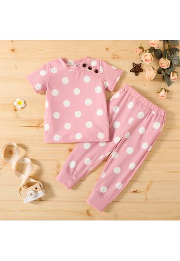 2-piece Toddler Girl Polka dots Button Design Short-sleeve Tee and Elasticized Pants Set