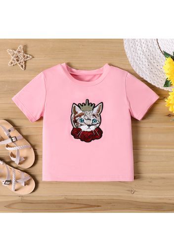 Kid Girl Animal Cat Patch Embroidered Short-sleeve Tee