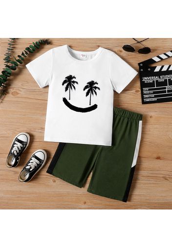 2pcs Kid Boy Emoji Print Short-sleeve Tee and Colorblock Shorts Set