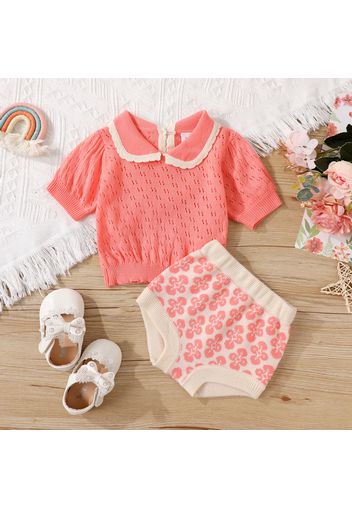 2pcs Baby Girl Peter Pan Collar Eyelet Knit Short-sleeve Set