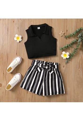 2pcs Kid Girl Lapel Collar Tank Top and Belted Stripe Shorts Set