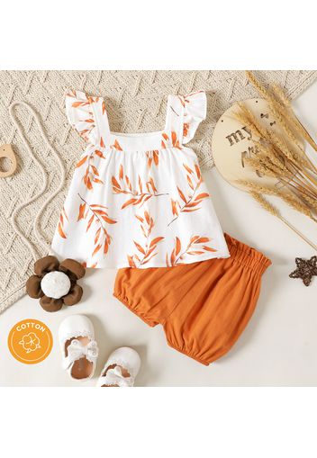 100% Cotton 2pcs Baby Girl Allover Leaf Print Flutter-sleeve Top and Solid Shorts Set