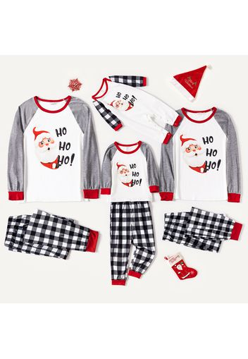 Christmas Cartoon Santa and Letter Print Family Matching Raglan Long-sleeve Plaid Pajamas Sets (Flame Resistant)