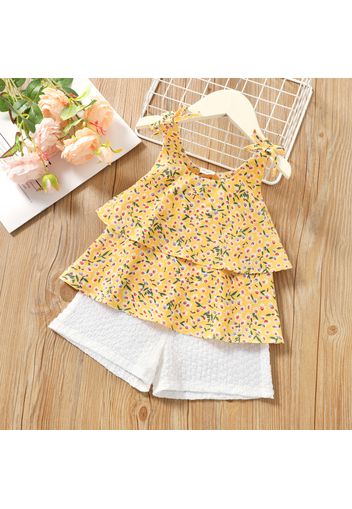 2pcs Toddler Girl Floral Print Bowknot Design Layered Camisole and Textured White Shorts Set