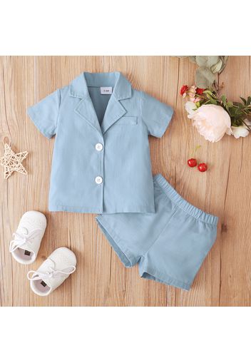 2pcs Baby Girl Solid Lapel Button Up Short-sleeve Top and Elasticized Waist Shorts Set