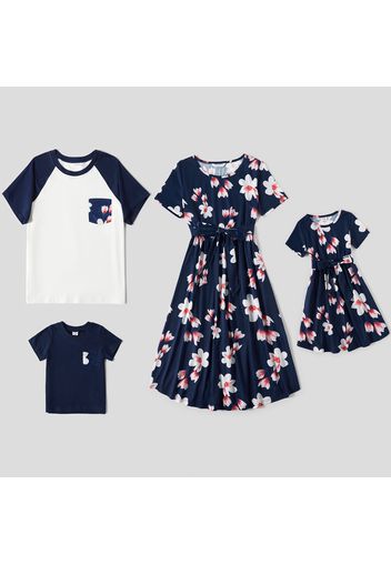 Family Matching All Floral Print Blue Round Neck Short-sleeve Belted Dresses and T-shirts Sets