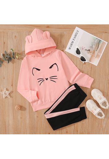 2-piece Kid Girl Animal Cat Print Hoodie Sweatshirt and Colorblock Pants Set