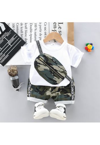 2pcs Toddler Boy Casual Camouflage Bag Print Tee and Letter Print Shorts Set