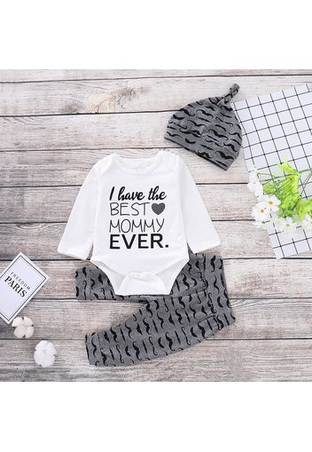 3pcs Moustache and Letter Print Long-sleeve Baby Set