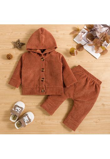 2pcs Baby Boy/Girl Solid Ribbed Button Down Long-sleeve Hoodie and Trousers Set