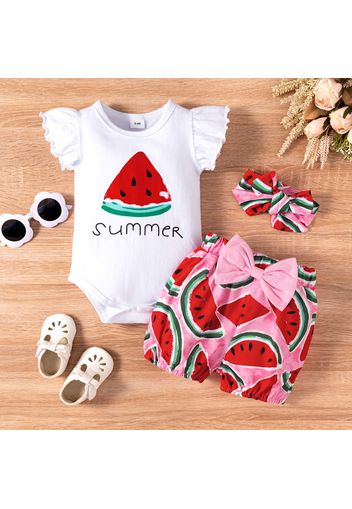 3pcs Baby Girl Watermelon Print Flutter-sleeve Romper and Bowknot Shorts with Headband Set