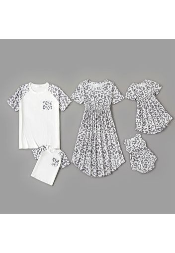 Grey and White Leopard Print Family Matching Sets(Short-sleeve Irregular Midi Dresses and T-shirts)