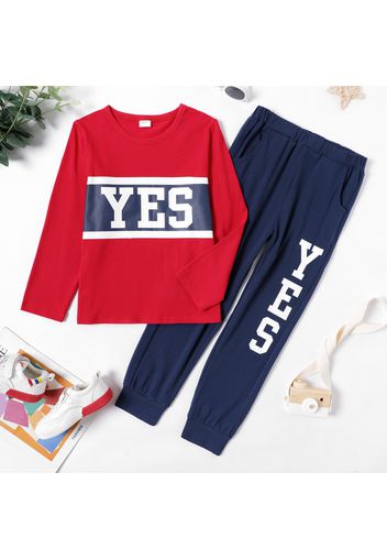 2-piece Kid Boy Letter Print Long-sleeve Red Tee and Dark Blue Elasticized Pants Set