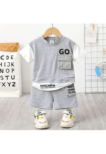 2pcs Toddler Boy Trendy Letter Print Faux-two Pocket Design Tee and Shorts Set