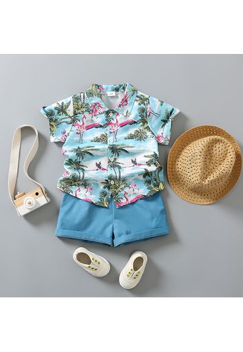 3pcs Toddler Boy Vacation Straw Hat & Flamingo Tree Print Shirt and Shorts Set