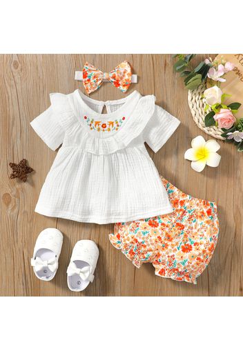 3pcs Baby Girl 100% Cotton Crepe Embroidered Ruffle Trim Short-sleeve Top and Floral Print Shorts with Headband Set