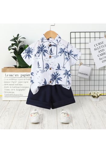 2pcs Toddler Boy Casual Floral Tree Print Lapel Collar Shirt and Shorts Set