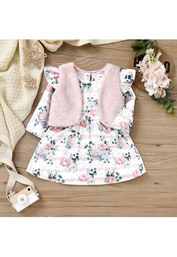 2pcs Baby Girl Pink Floral Print Ribbed Long-sleeve Dress and Fuzzy Fleece Outwear Vest Set