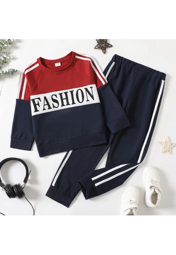 2-piece Kid Boy Letter Print Colorblock Raglan Sleeve Pullover Sweatshirt and Striped Pants Casual Set