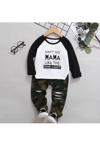 2-piece Toddler Boy Letter Print Colorblock Long Raglan Sleeve Top and Camouflage Print Pants Set