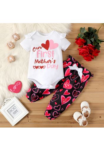 Mother's Day 2pcs Baby Girl Love Heart and Letter Print Short-sleeve Romper with Bowknot Trousers Set