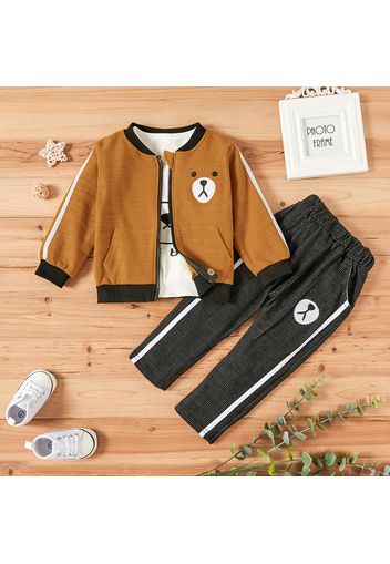 3pcs Bear Print Color Block Long-sleeve Baby Set