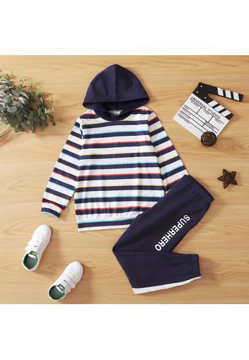 2-piece Kid Boy Striped Hoodie and Letter Print Pants Casual Set