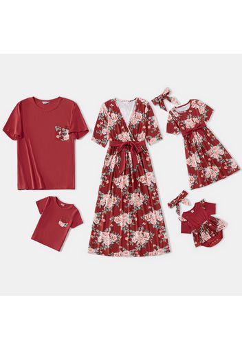 Family Matching Floral Print Belted Midi Dresses and Short-sleeve T-shirts Sets