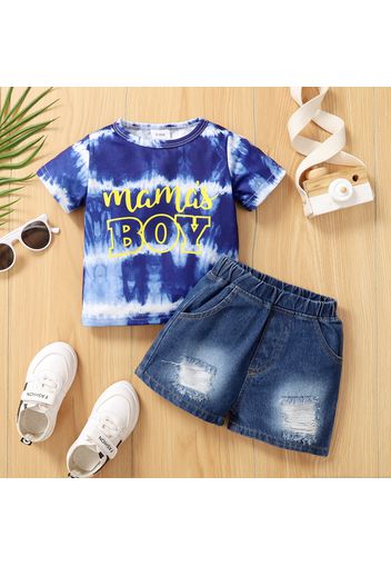 2pcs Baby Boy Letter Print Tie Dye Short-sleeve T-shirt and Ripped Denim Shorts Set