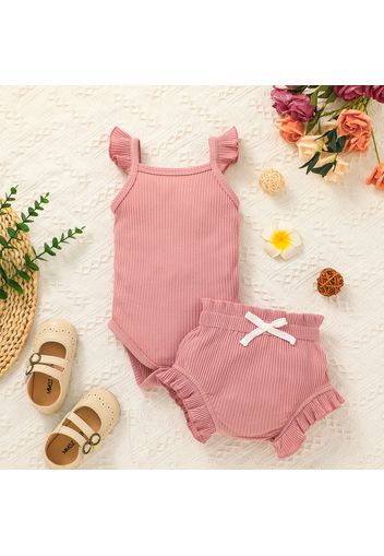 2pcs Baby Girl Solid Ribbed Flutter-sleeve Romper and Ruffle Shorts Set