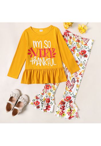 2-piece Kid Girl Letter Print Ruffle Hem Long-sleeve Yellow Top and Floral Print Flared Pants Set