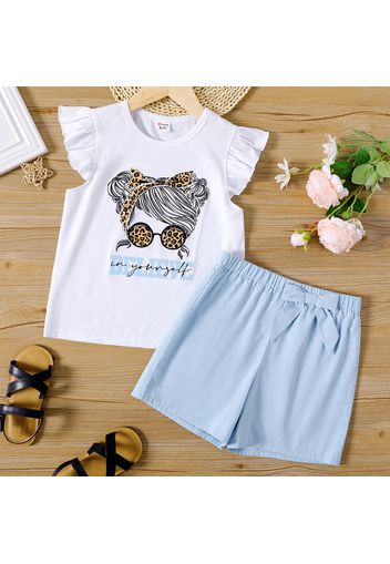 2-piece Kid Girl Leopard Figure Print Flutter-sleeve Tee and Bowknot Design Shorts Set