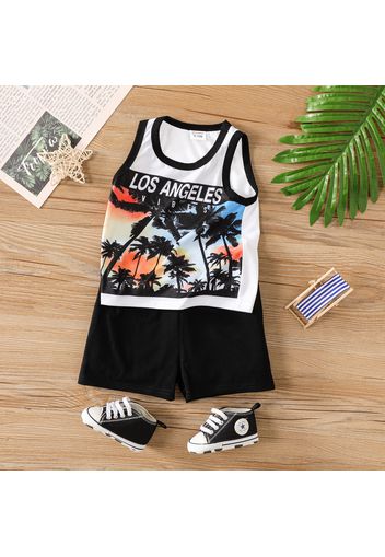 2pcs Baby Boy Coconut Tree & Letter Print Tank Top and Solid Shorts Set