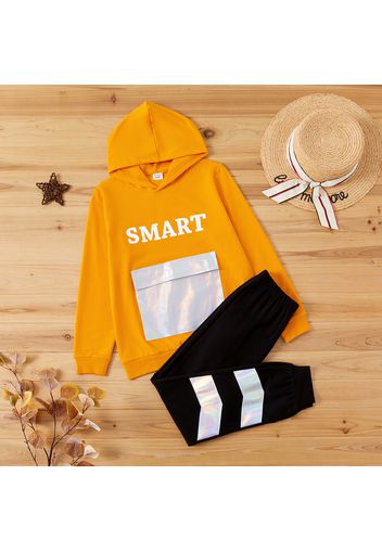 2-piece Kid Boy Letter Print Laser Patchwork Hoodie and Elasticized Joggers Pants Set