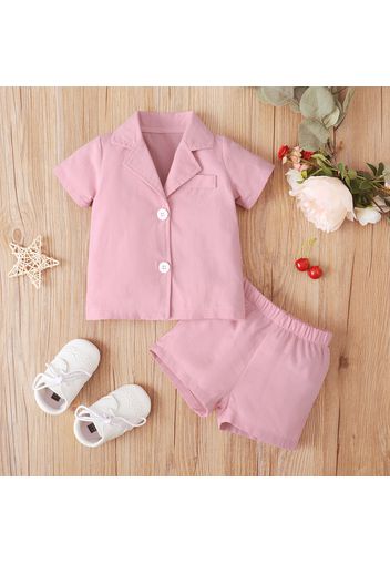 2pcs Baby Girl Solid Lapel Button Up Short-sleeve Top and Elasticized Waist Shorts Set