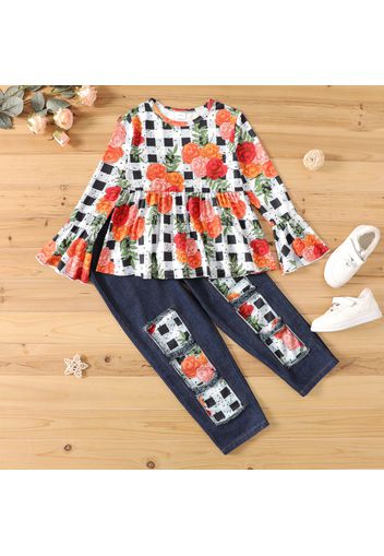 2-piece Kid Girl Floral Print Long Bell sleeves Peplum Top and Patchwork Denim Jeans Set