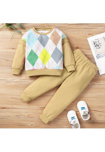 2-piece Toddler Girl Argyle Pattern Colorblock Sweatshirt and Solid Color Pants Set