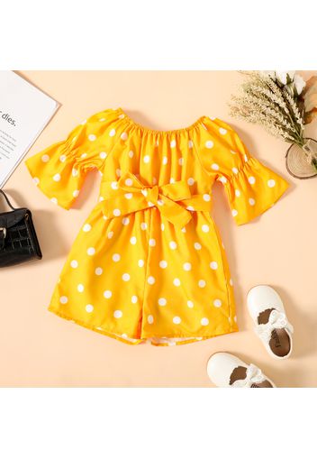 Toddler Girl Polka dots Bell sleeves Belted Romper Jumpsuit Shorts