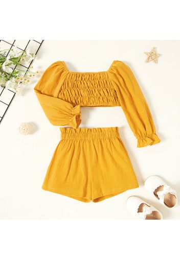 2-piece Toddler Girl 100% Cotton Square Neck Ruffle-sleeve Solid Smocked Top and Paperbag Shorts Set