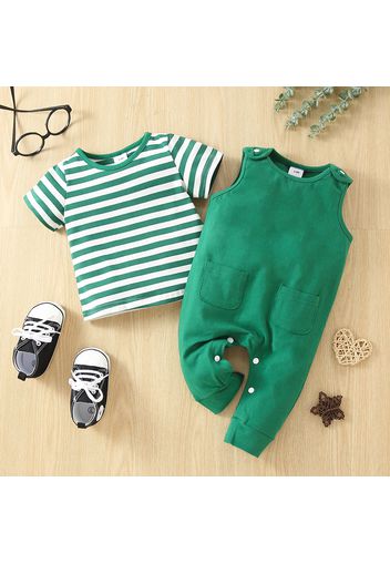 2pcs Baby Boy Striped Short-sleeve Tee and Solid Overalls Set