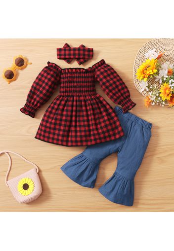 100% Cotton 3pcs Baby Girl Red Plaid Off Shoulder Long-sleeve Shirred Top and Bell Bottom Pants Set