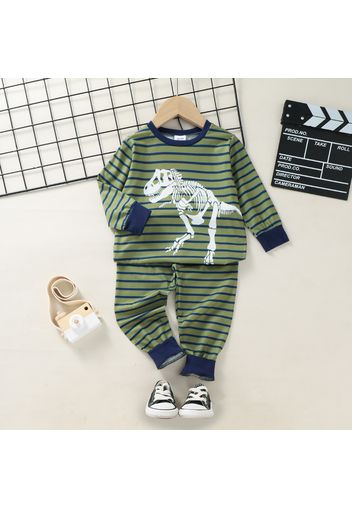 2-piece Toddler Boy Dinosaur Print Stripe Pullover and Pants Set