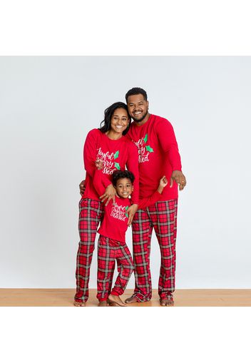 Joyful Merry Christmas Letter Top and Plaid Pants Family Matching Pajamas Sets (Flame Resistant)