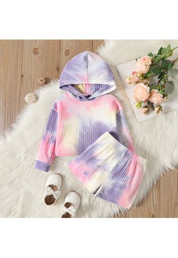 Ribbed 2-piece Toddler Girl Tie Dyed Hooded Long-sleeve Top and Shorts Set